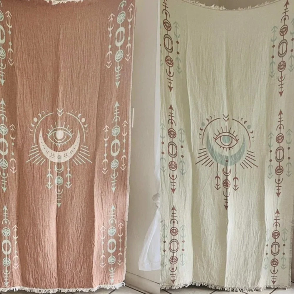 Bohemian Shower Curtain Set of 2 Moon Stars Eye Design Clay Woven Organic Cotton